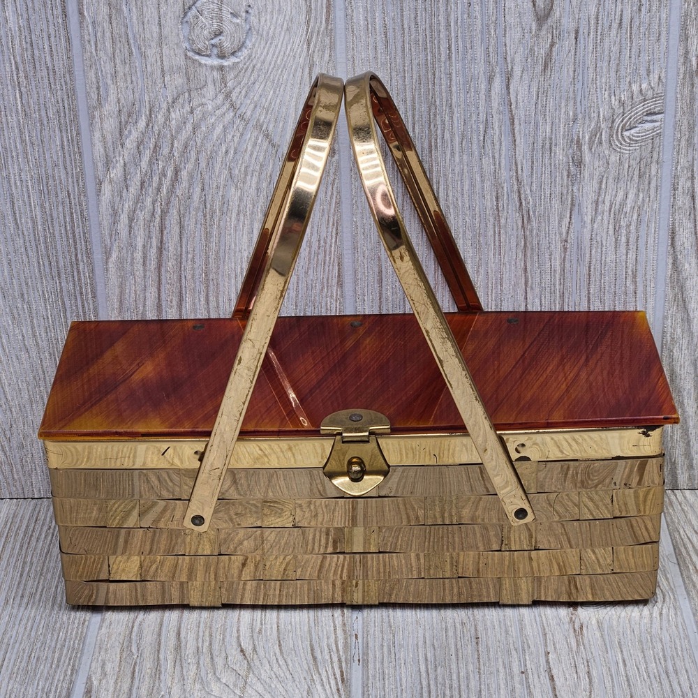 Vintage Gold Basket Weave Box Purse Amber Lucite Lid Mid-Century Handbag